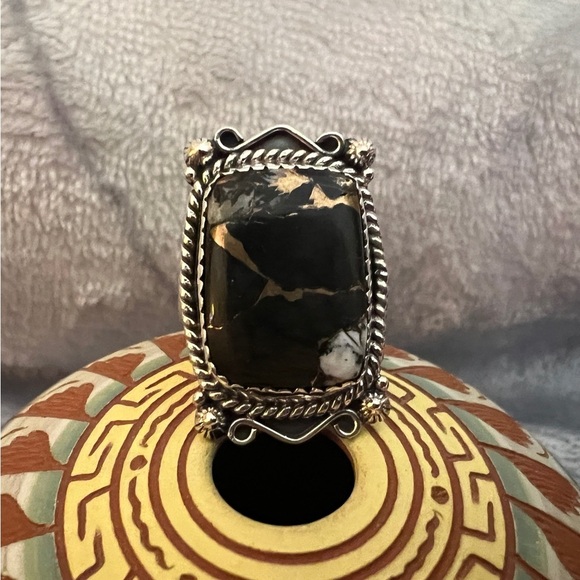 Black Spiny Dahlia Jewelry - ❤️ Black Stallion Dahlia Turquoise 925 Navajo Style Sz 7 Adjustable Ring 8.3gm